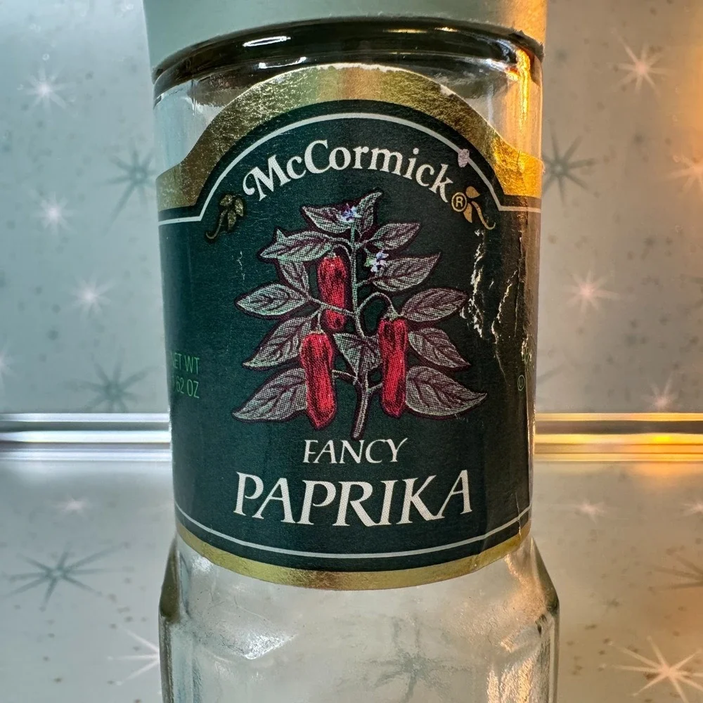 Vintage McCormick Paprika Jar Green Lid & Label Glass Spice Bottle Retro Kitchen